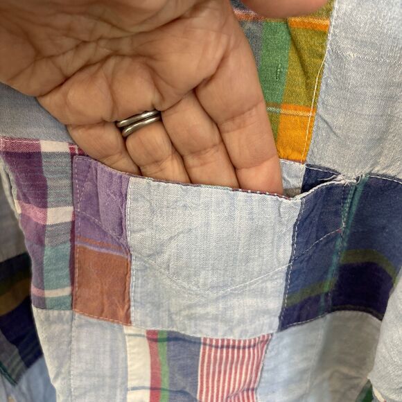 417 Van Heusen Men XL Blue Madras Plaid Patchwork Short Sleeve Shirt Cotton - Picture 5 of 9